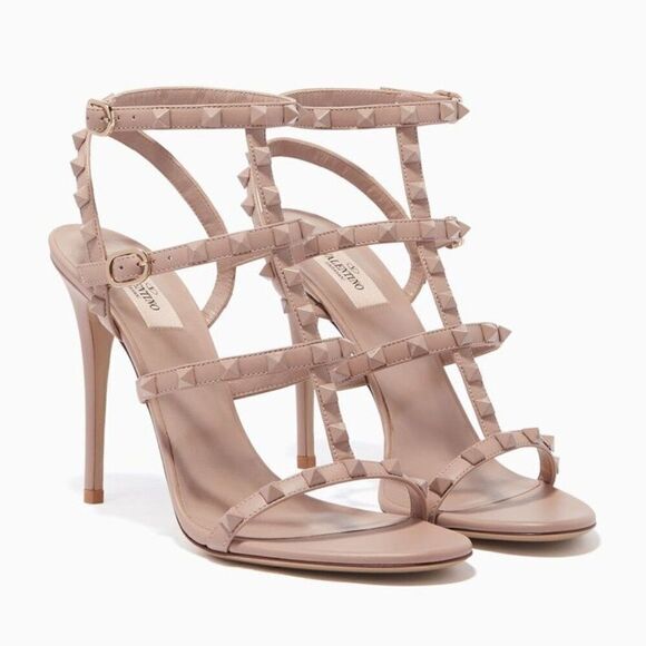Valentino Garavani Poudre tan nude blush Rockstud T-Strap Sandal tonal heels 38 - Picture 1 of 15